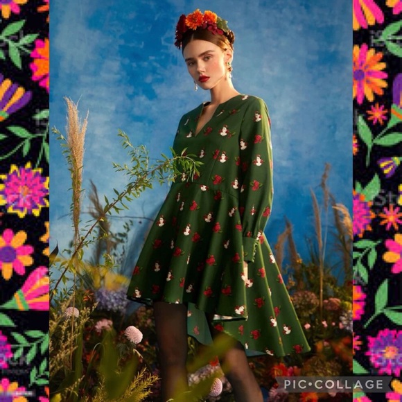 Frida Kahlo All Over Floral Print Lantern Sleeve High Low Dress - Picture 6 of 8